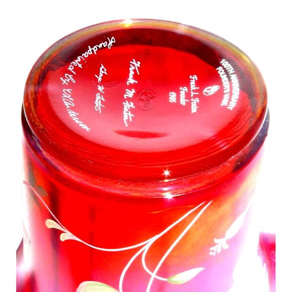 Fenton 100th Anniversary Hand-painted Ruby Red Glass Vase Floral Design Vintage - Picture 7 of 8